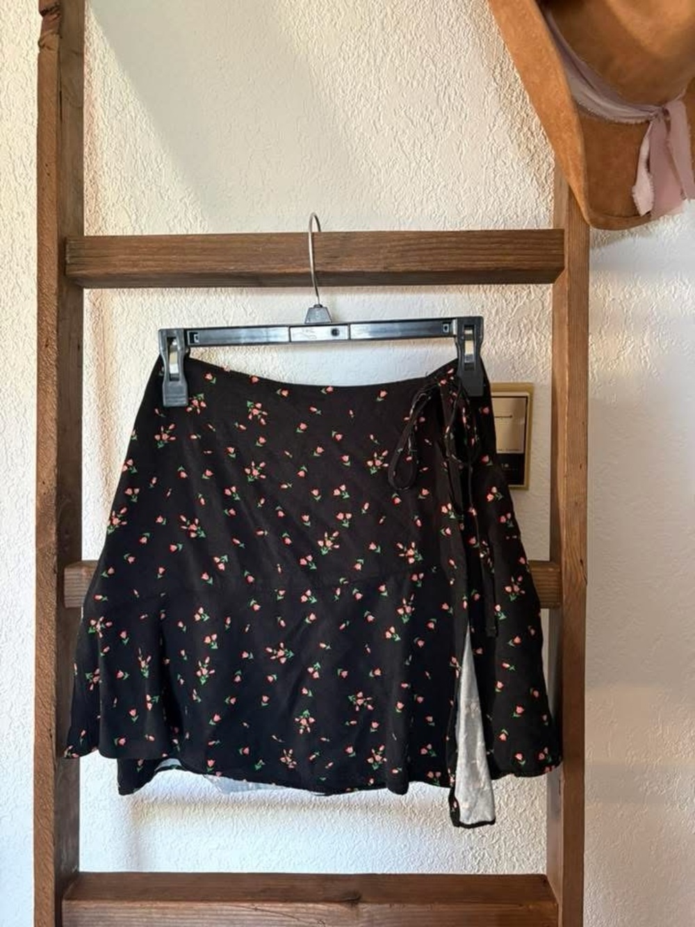 Urban Outfitters Black Mini Wrap Skirt with Red Floral Print